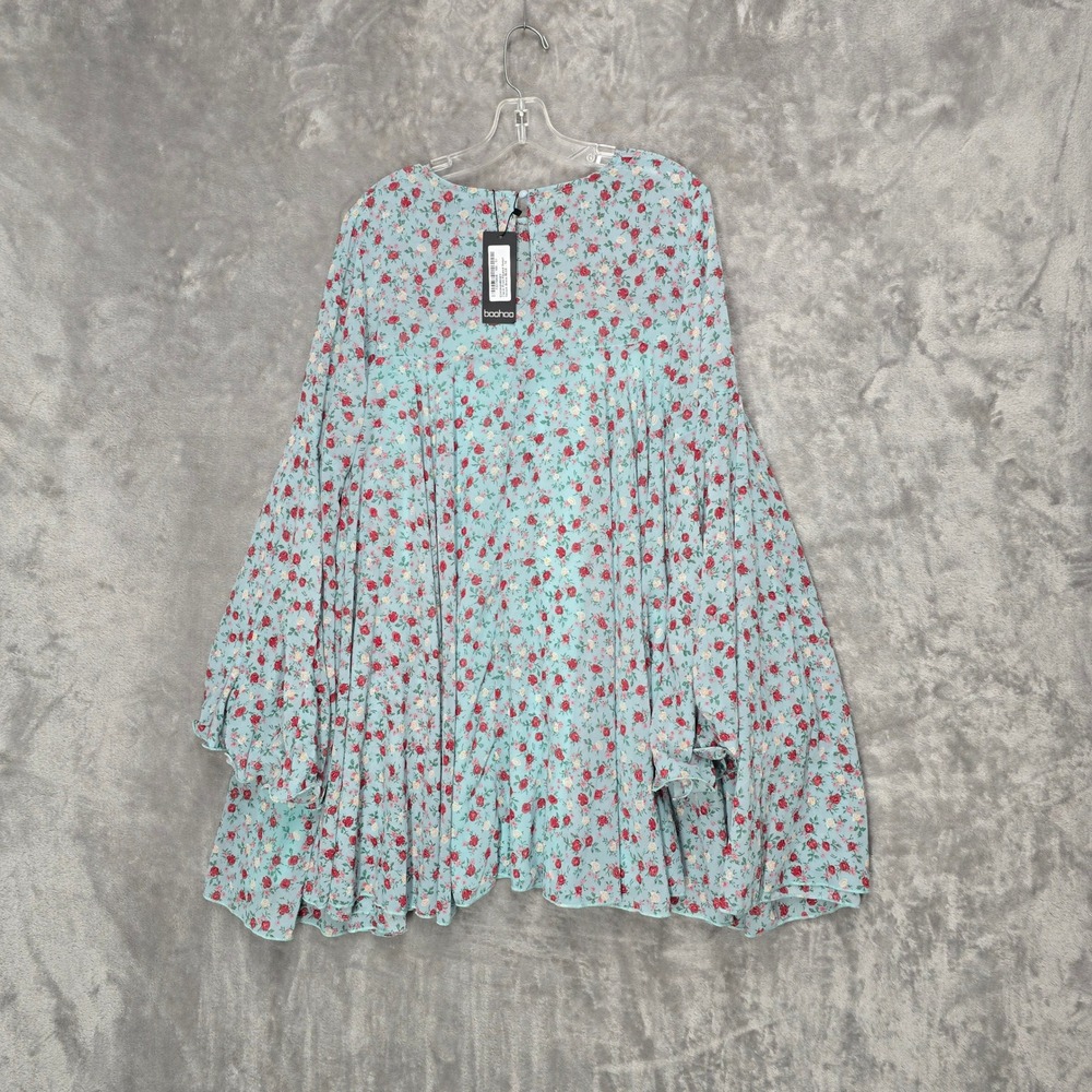 Boohoo Womens Blue Floral Pleated Smock Dress Bell‎ Sleeve NWT Sz 14 Cottagecore - Picture 14 of 14